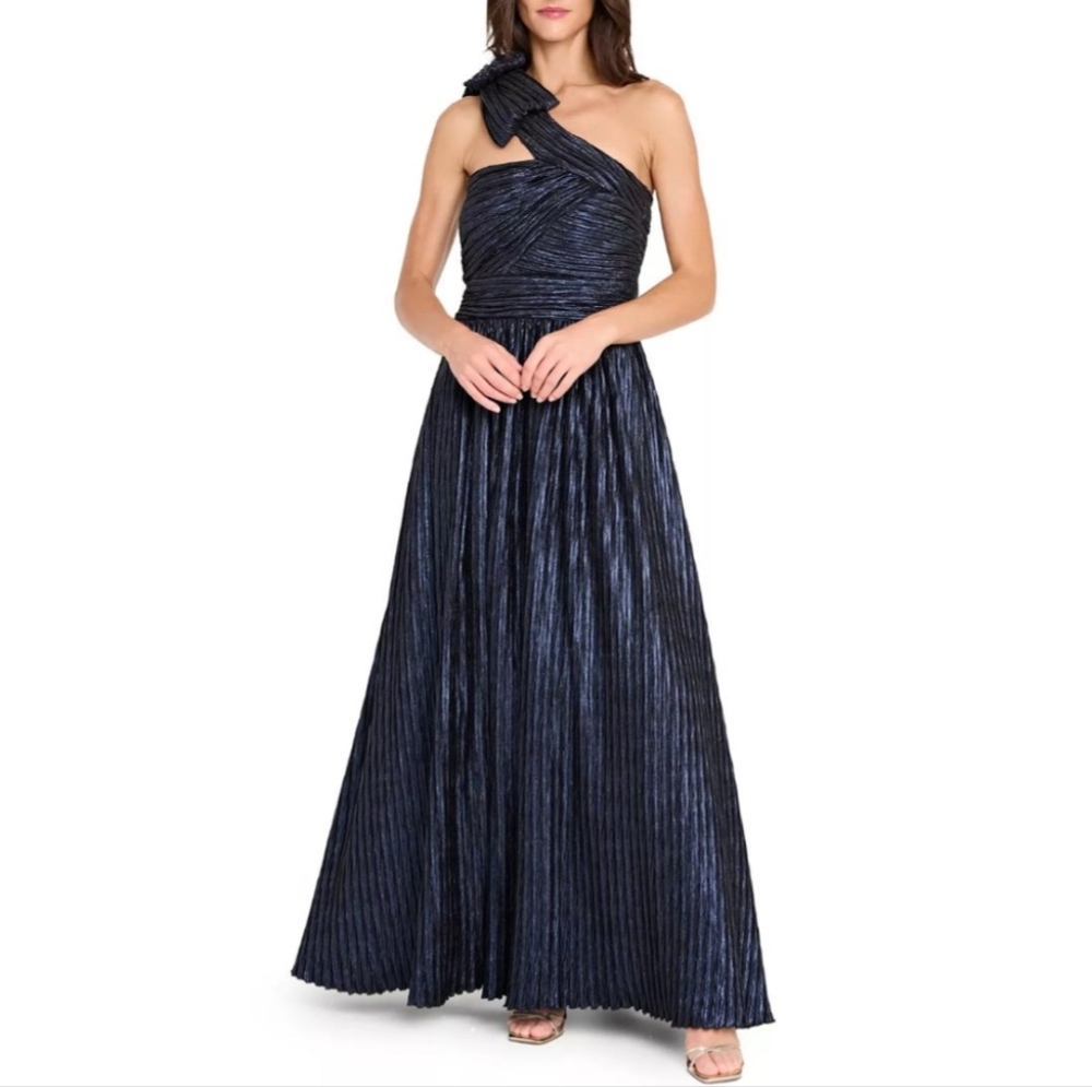 Tahari ASL One-Shoulder Navy Crinkle Dress NWT